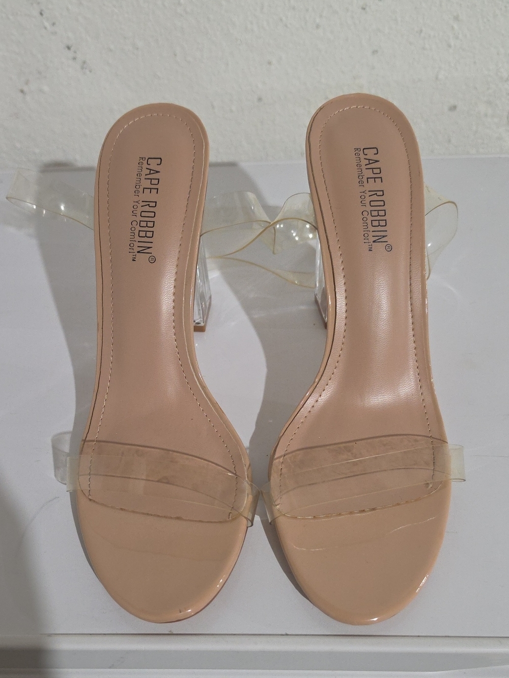 Cape Robbin Maria-2  Beige Clear Strap Block Heels